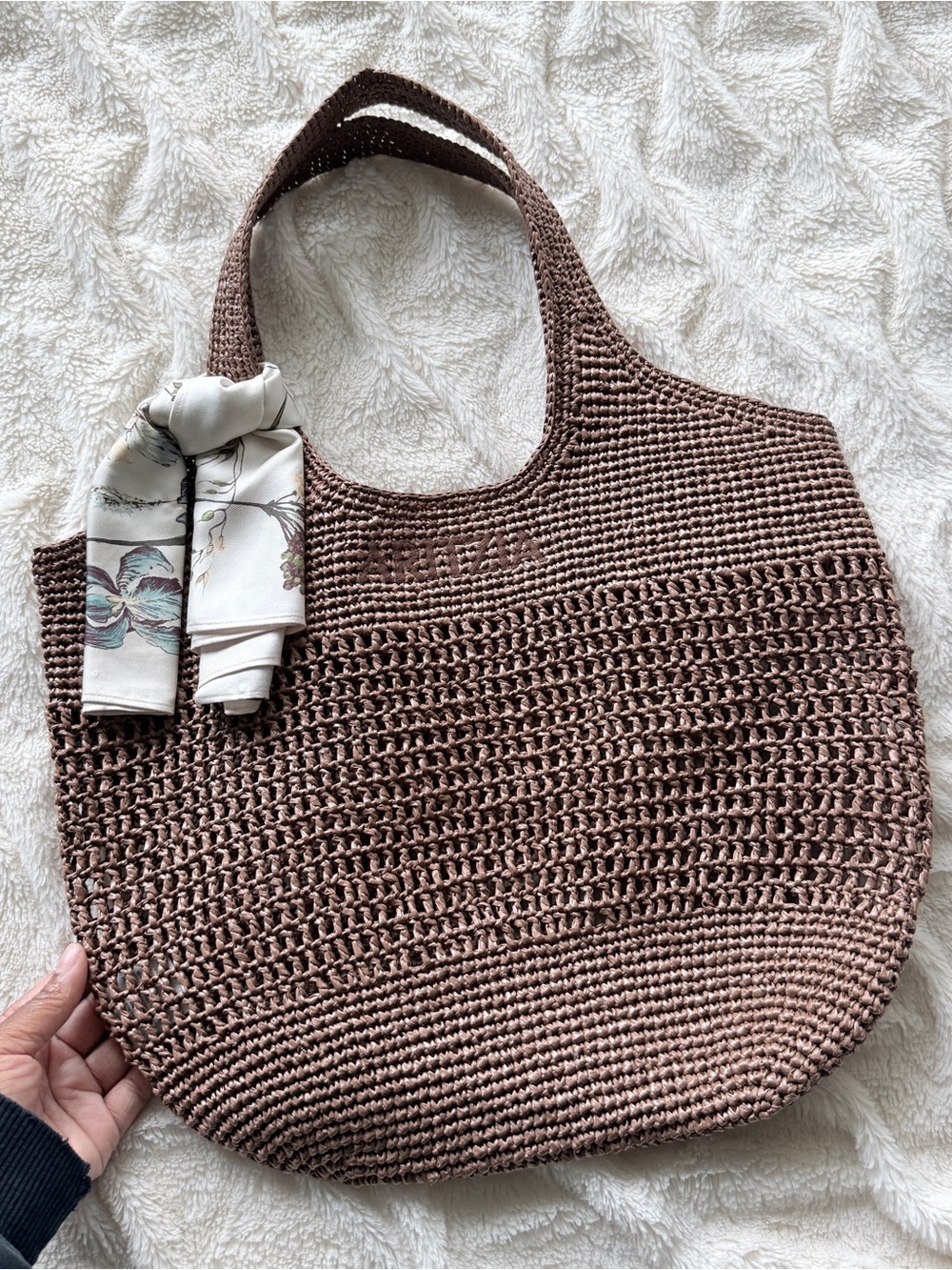 Aritzia Awayday Tote Brown Crochet Raffia Bag + Floral Silk Scarf - Picture 2 of 9